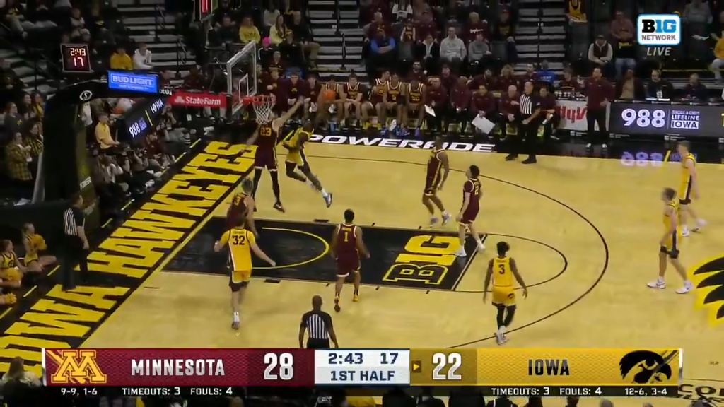 Seydou Traore dari Iowa melakukan contact jam NASTY vs Minnesota